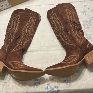 Women’s Brown Suede Over-the-Knee Western Boots with Embroidered Detail